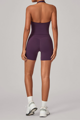 Women's Athletic Set:Halterneck Pleated V-neck Bra & Shorts