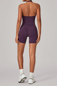 Women's Athletic Set:Halterneck Pleated V-neck Bra & Shorts