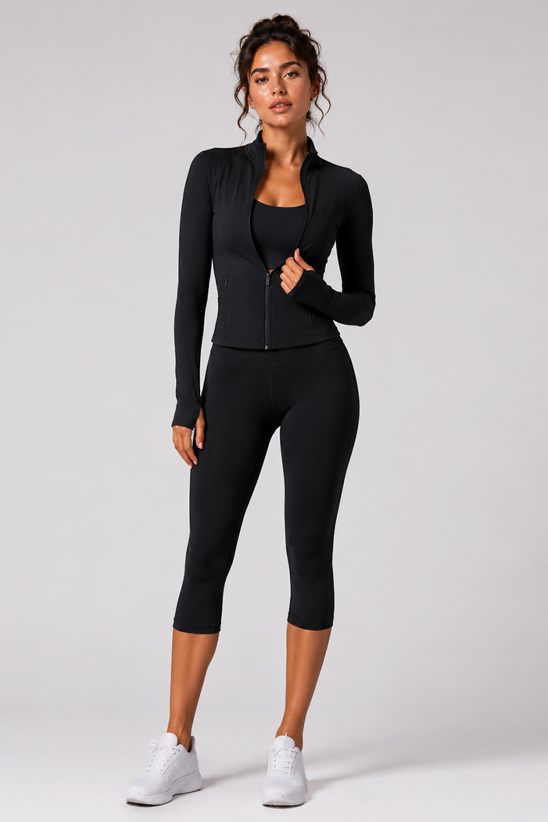 Women's Stand Collar Jacket & Capri Leggings Workout Sets