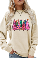 Women's Christmas Colorful Tree Print Crew Neck Sweatshirt