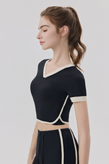 Women Slim Color Block V neck Cropped Yoga Athletic Tee