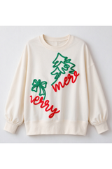 Women's Christmas Embroidery Bow Balloon Sleeve Sweatshirt