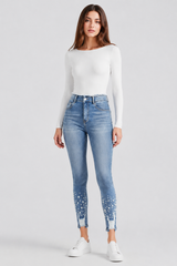 Women's High Waist Pearl Embellished Stretch Skinny Jeans