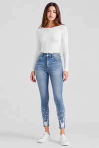 Women's High Waist Pearl Embellished Stretch Skinny Jeans
