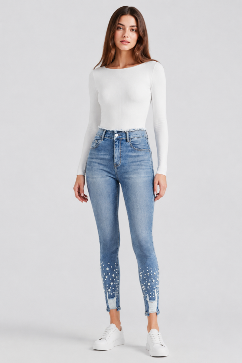 Women's High Waist Pearl Embellished Stretch Skinny Jeans