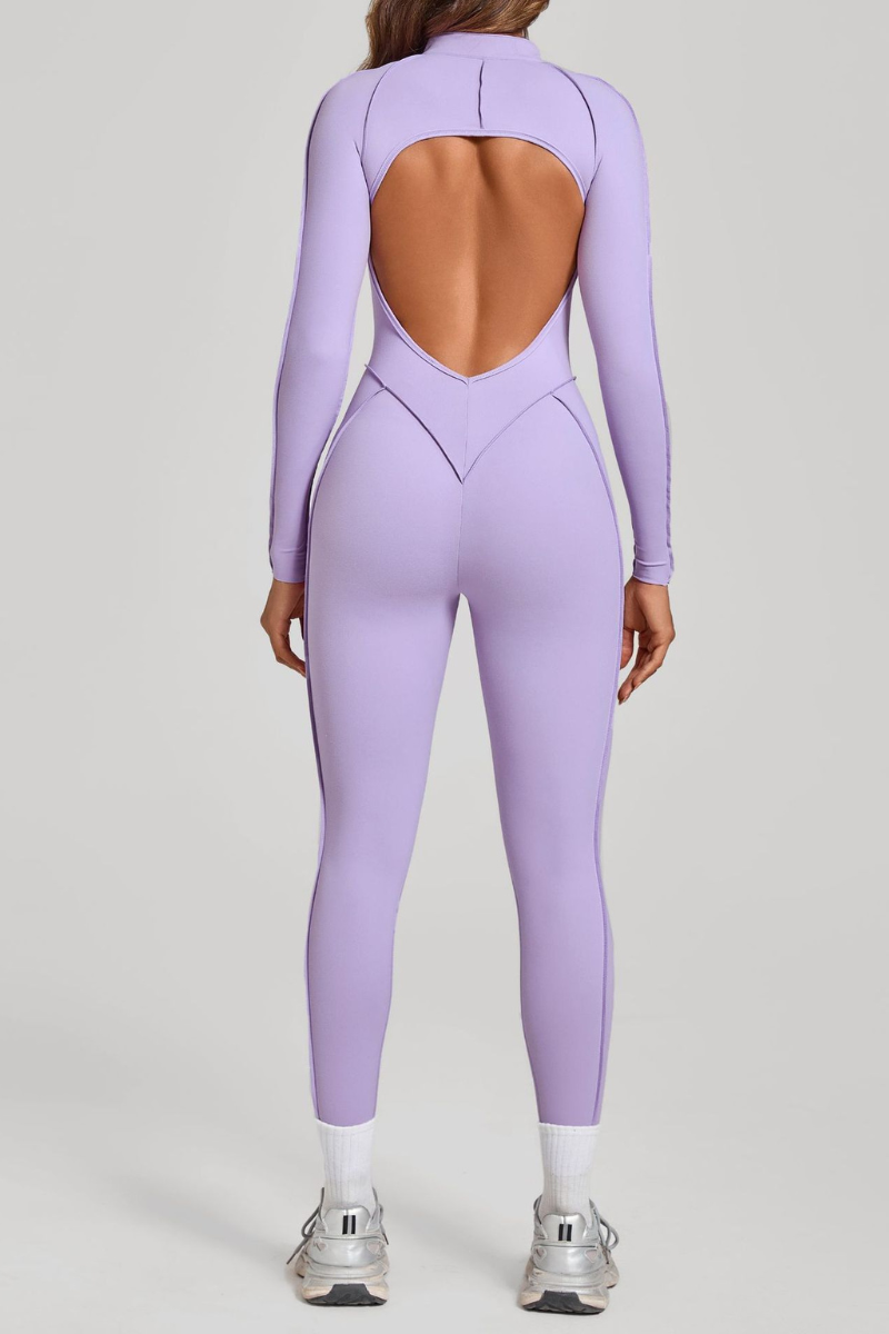 Women's Half-Zip Open Back Jumpsuit with Contoured Seams