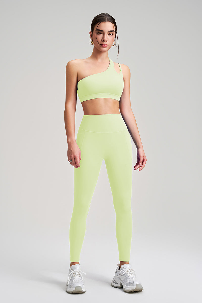 Women Single Shoulder Backless Yoga Set: Crisscross Strap Sports Bra + High Waist Leggings