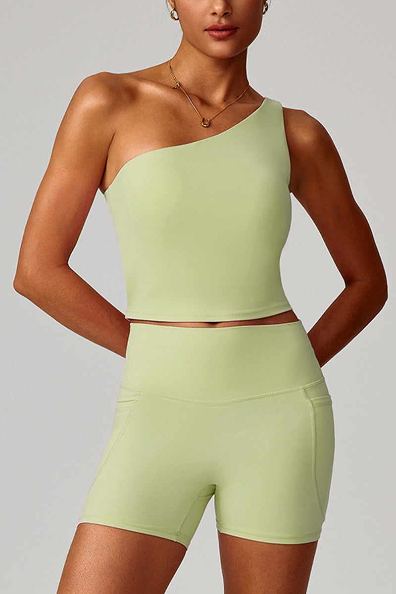 Women Single Shoulder Quick Dry Waist Shaping Yoga Set: Short Sleeve Bra + Shorts