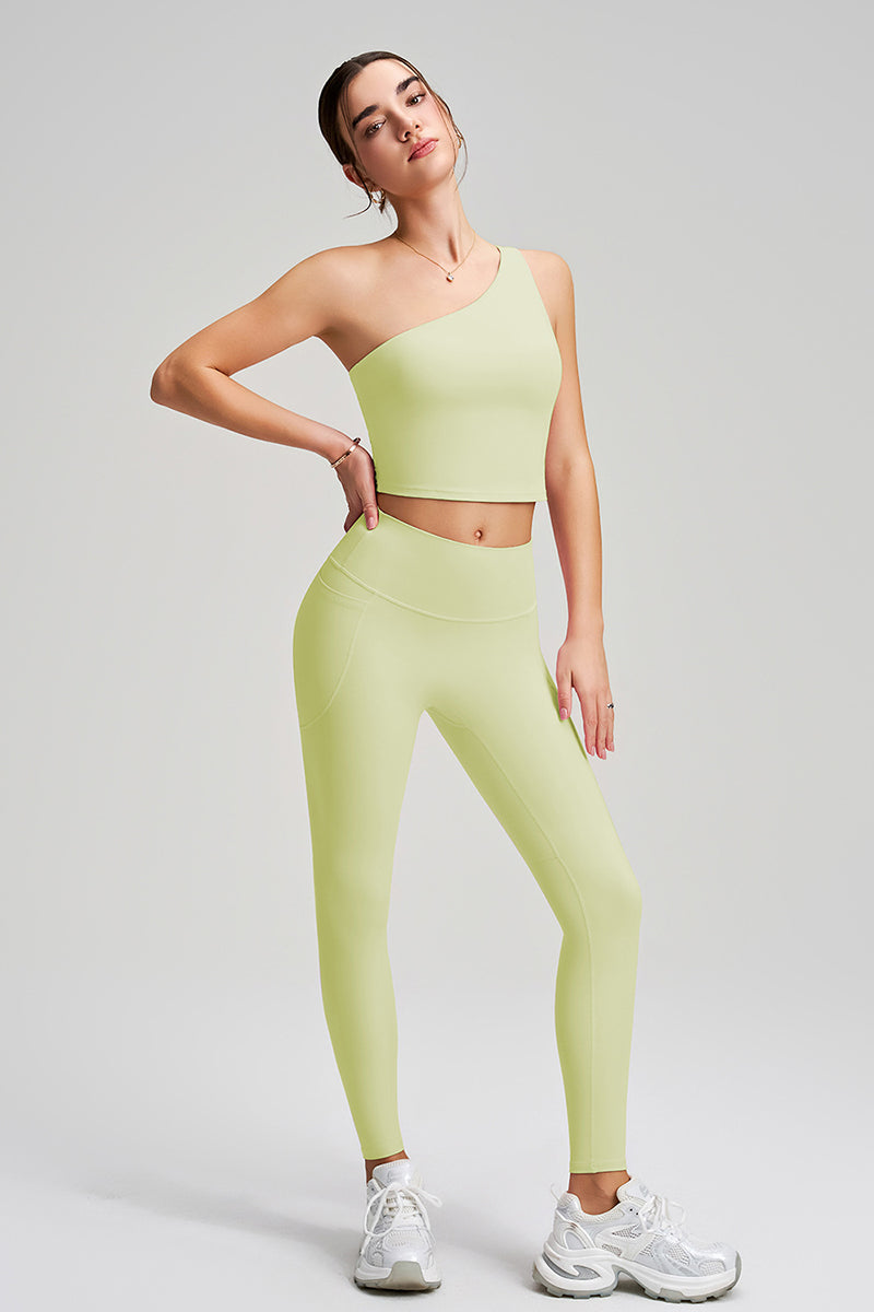 Women Single Shoulder Quick Dry Waist Shaping Yoga Set: Short Sleeve Bra + Leggings