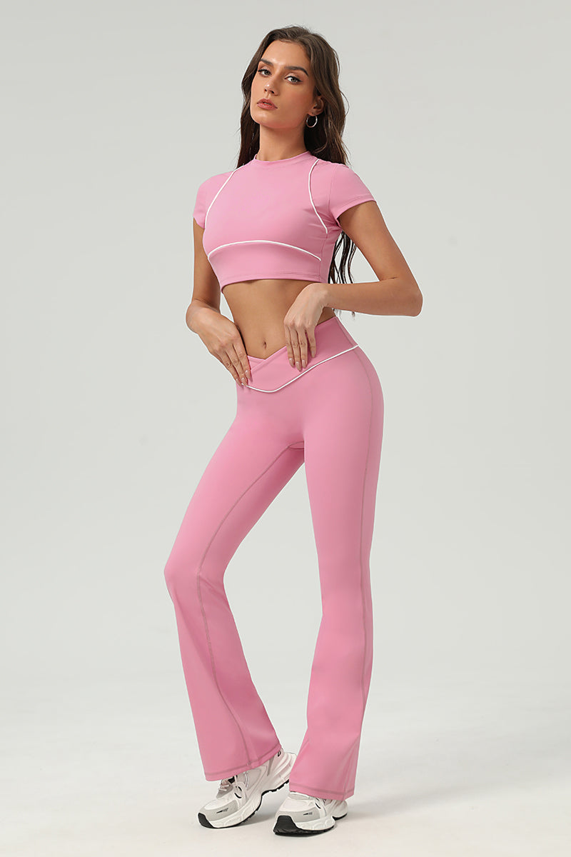 Women Urban Quick-Dry Color-Block Tennis Yoga Outfit Set With Crop Top & Flared Pants