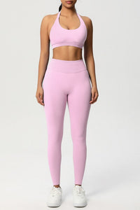 Women Seamless Knit Yoga Set: Halter Back Sports Bra + Sculpting Leggings