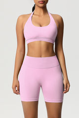 Women Halter Neck Yoga Set: High-Waisted Sculpting Shorts + Backless Sports Bra
