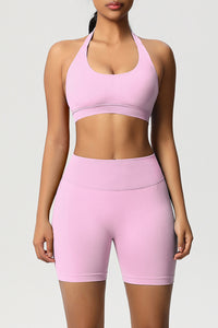 Women Halter Neck Yoga Set: High-Waisted Sculpting Shorts + Backless Sports Bra