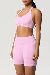 Women Halter Neck Yoga Set: High-Waisted Sculpting Shorts + Backless Sports Bra