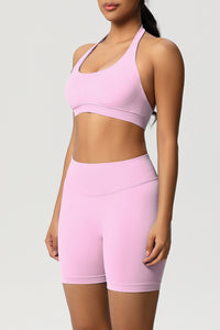 Women Halter Neck Yoga Set: High-Waisted Sculpting Shorts + Backless Sports Bra