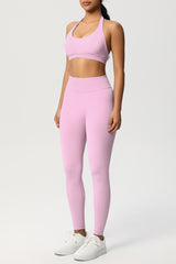 Women Seamless Knit Yoga Set: Halter Back Sports Bra + Sculpting Leggings