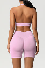 Women Halter Neck Yoga Set: High-Waisted Sculpting Shorts + Backless Sports Bra