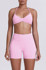 Women Halter Neck Yoga Set: High-Waisted Sculpting Shorts + Backless Sports Bra