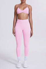 Women Seamless Yoga Set: High-Waisted Sculpting Leggings + Halter Neck Sports Bra