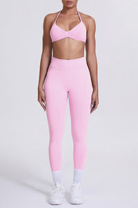 Women Seamless Yoga Set: High-Waisted Sculpting Leggings + Halter Neck Sports Bra
