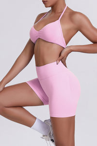 Women Halter Neck Yoga Set: High-Waisted Sculpting Shorts + Backless Sports Bra