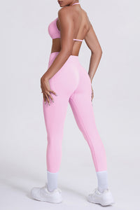 Women Seamless Yoga Set: High-Waisted Sculpting Leggings + Halter Neck Sports Bra