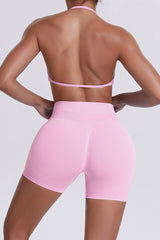 Women Halter Neck Yoga Set: High-Waisted Sculpting Shorts + Backless Sports Bra