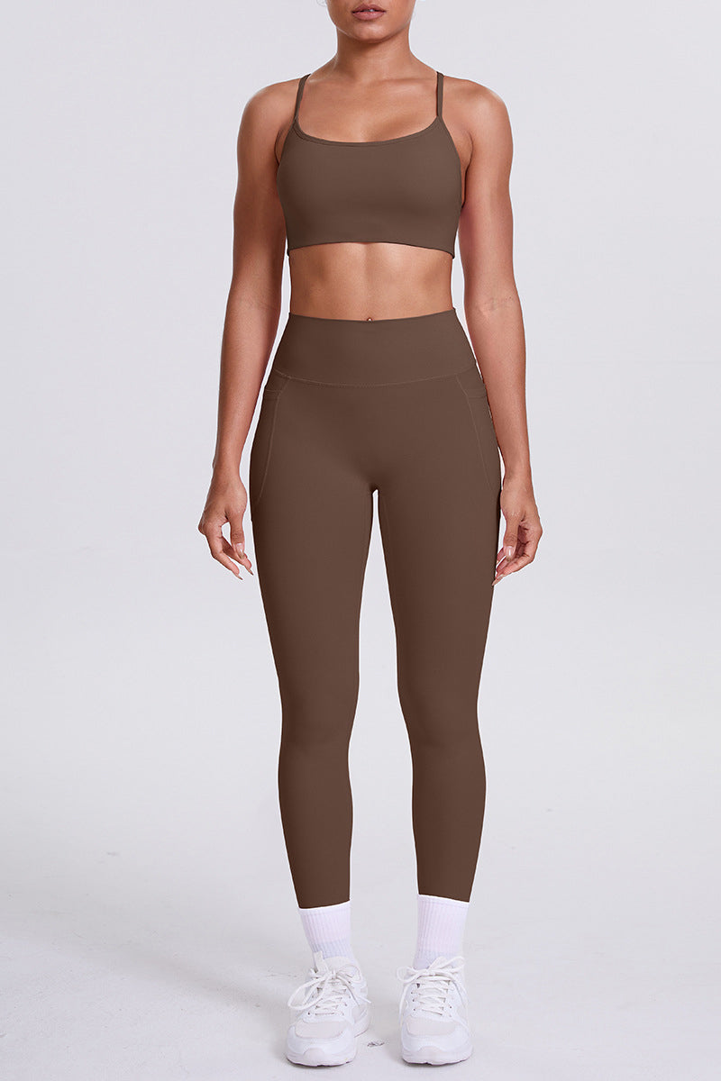 Women High-Waisted Pocket Yoga Set: Seamless Sports Bra + Sculpting Leggings
