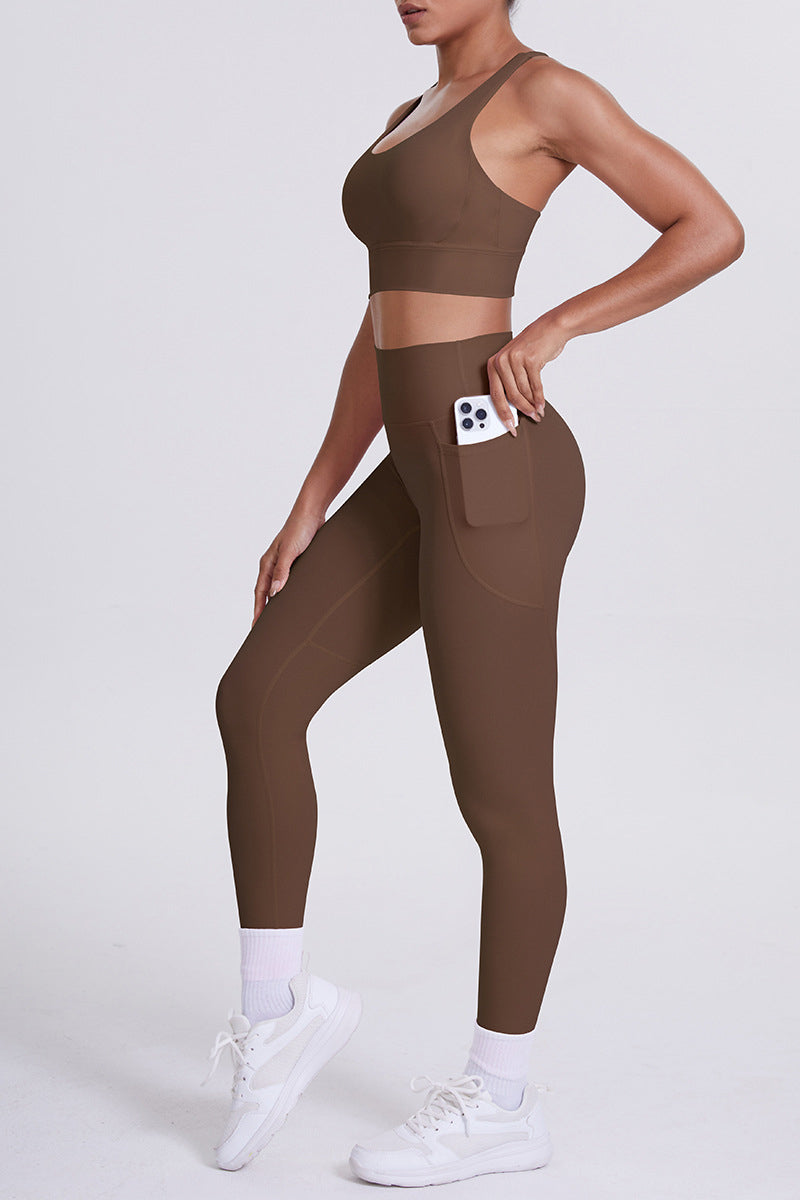 Women Cross-Back Yoga Set: High-Waisted Sculpting Leggings with Pocket + Cloud-Touch Sports Bra