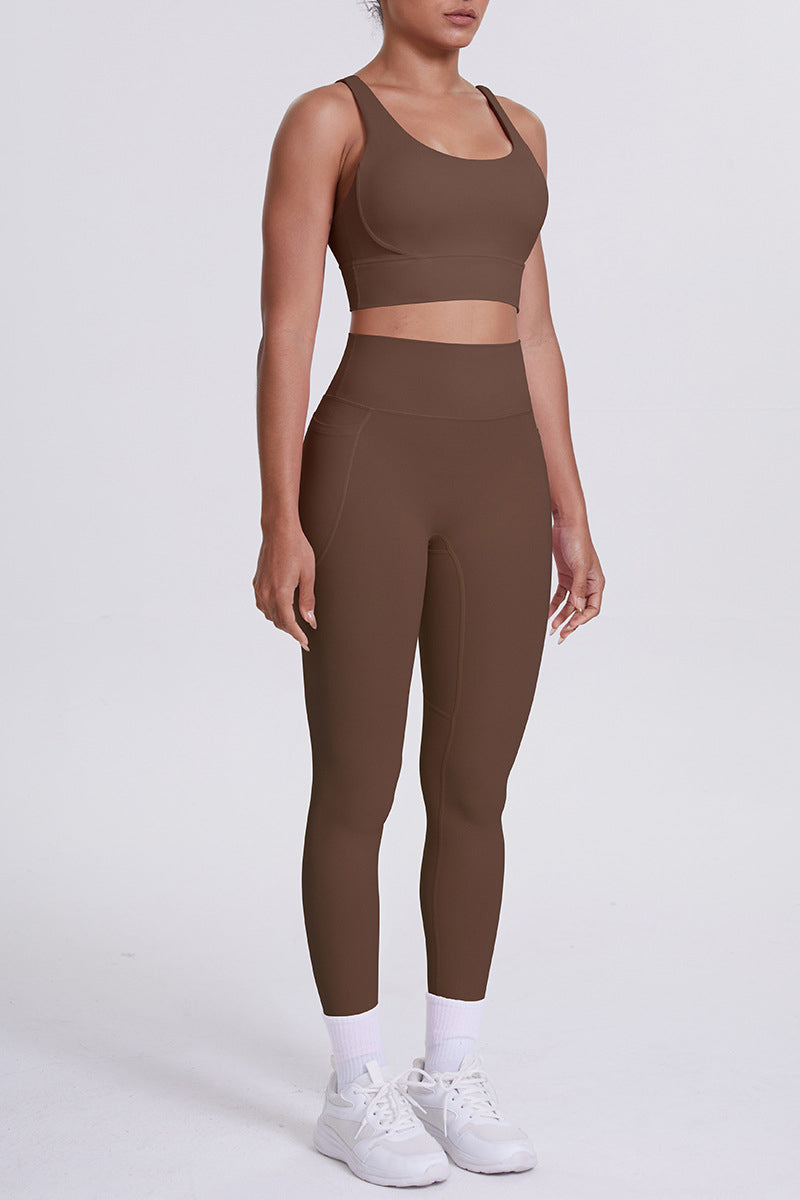 Women Cross-Back Yoga Set: High-Waisted Sculpting Leggings with Pocket + Cloud-Touch Sports Bra