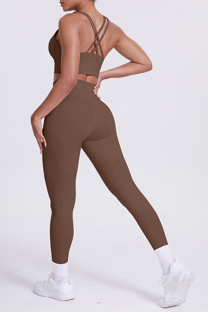 Women Cross-Back Yoga Set: High-Waisted Sculpting Leggings with Pocket + Cloud-Touch Sports Bra