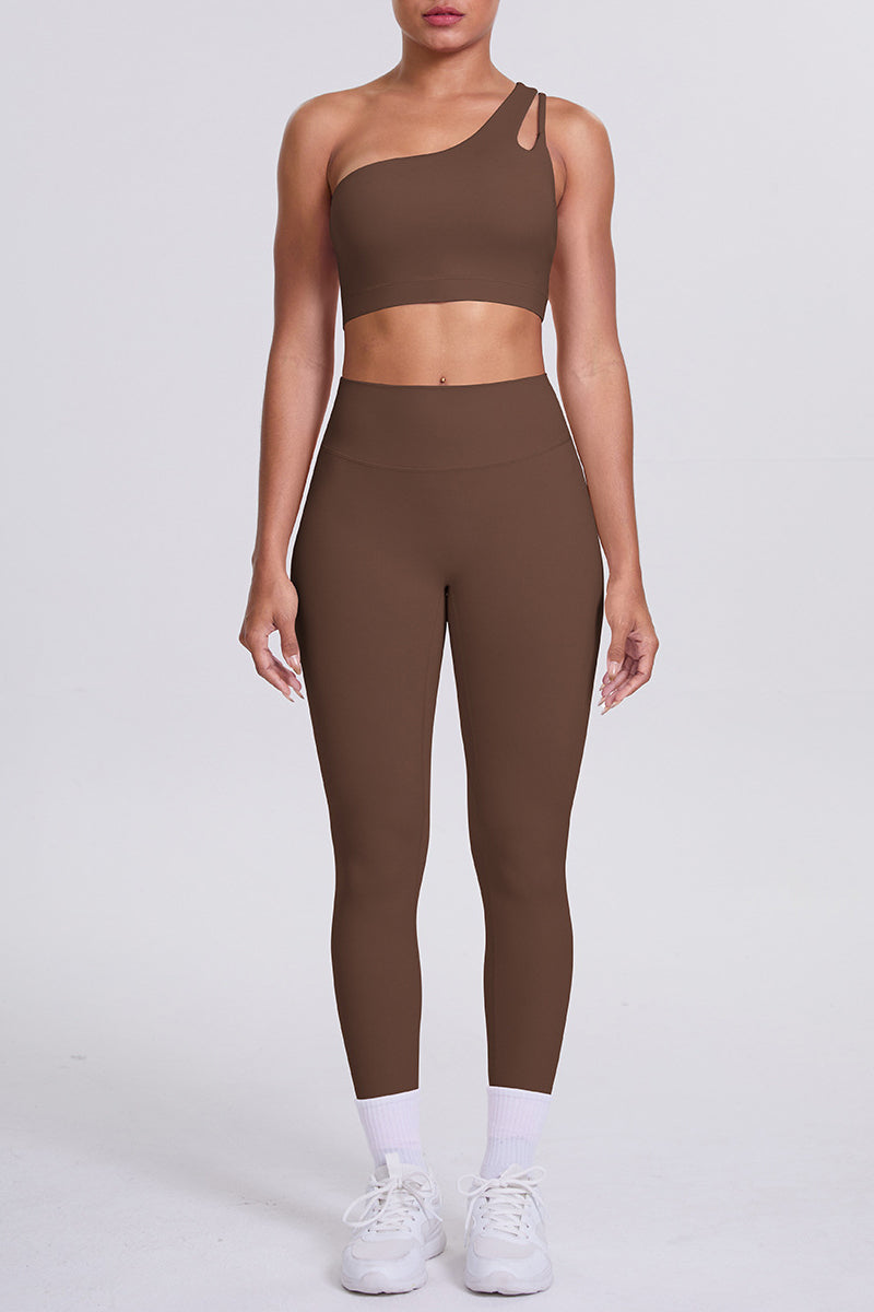 Women One-Shoulder Yoga Set: Naked-Feel High-Waisted Sculpting Leggings + Cross-Back Sports Bra