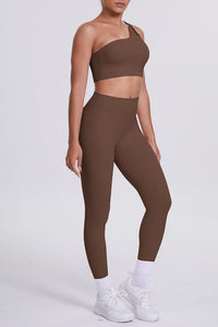 Women One-Shoulder Yoga Set: Naked-Feel High-Waisted Sculpting Leggings + Cross-Back Sports Bra