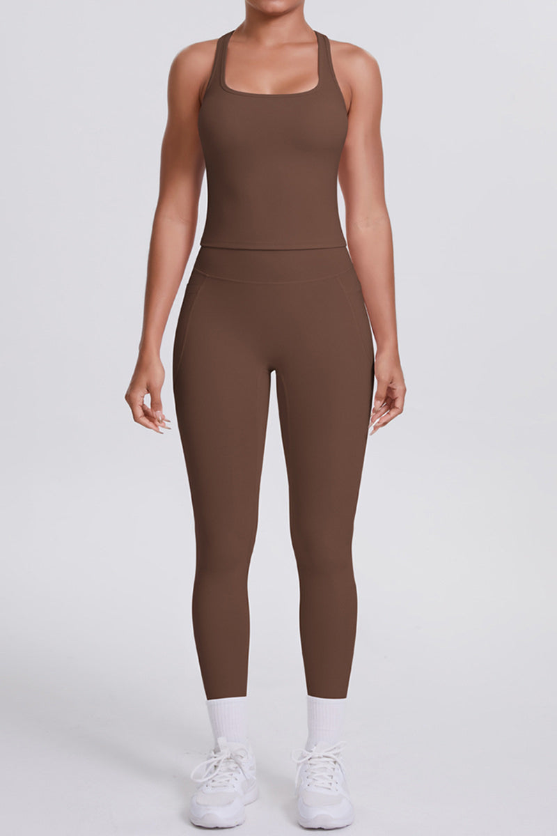 Women Naked-Feel Yoga Set: High-Waisted Pocket Leggings + Square Neck Sports Bra