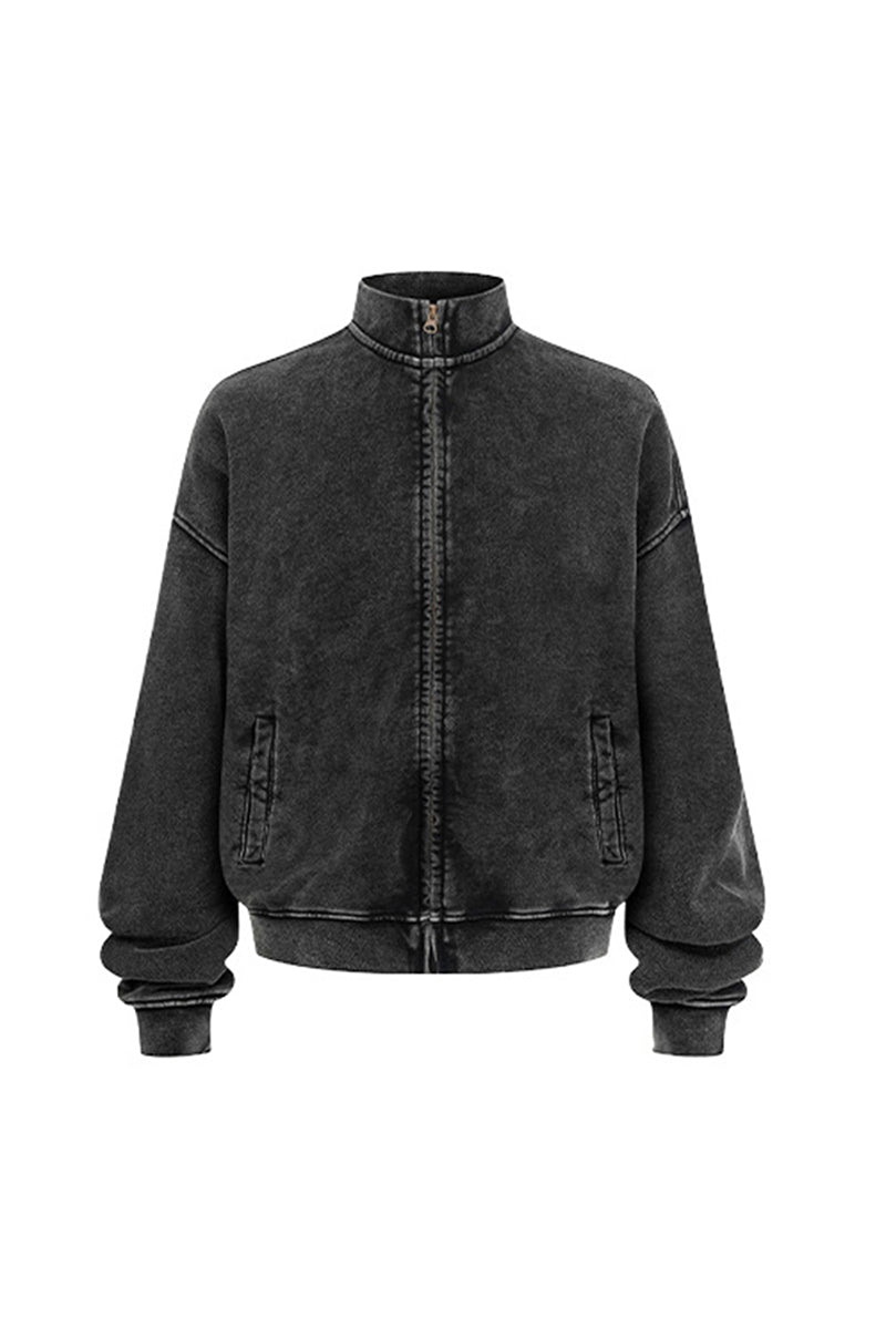 Men/Women Vintage Washed Zip-up Sweatshirt - Pure Cotton Terry Stand-up Collar