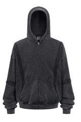 Men/Women Patchwork Raw Edge Vintage Snow Wash Zip Hoodie