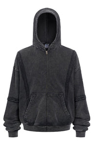 Men/Women Patchwork Raw Edge Vintage Snow Wash Zip Hoodie