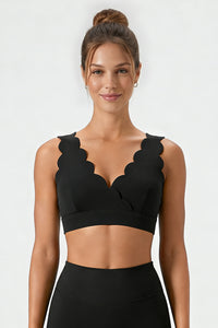 Women's  Solid Scalloped Edge V-Neck Sports Bra