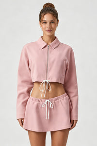 Women's Sets:Cropped Zip-Up Jacket Drawstring Mini Skirt