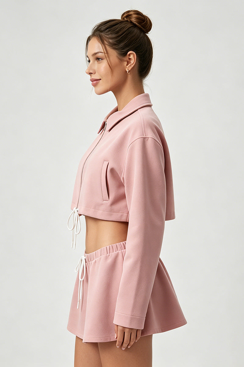 Women's Sets:Cropped Zip-Up Jacket Drawstring Mini Skirt