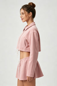 Women's Sets:Cropped Zip-Up Jacket Drawstring Mini Skirt