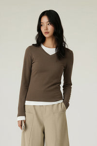 Women V-Neck Layered Slim-Fit Cashmere-Touch Long-Sleeve Knit Top