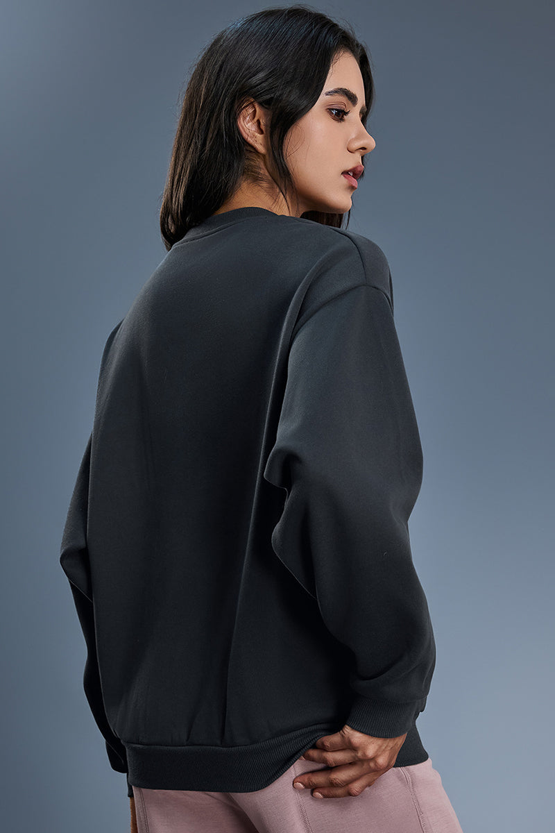 Women Loose Crewneck Fleece-Lined Casual Hoodie