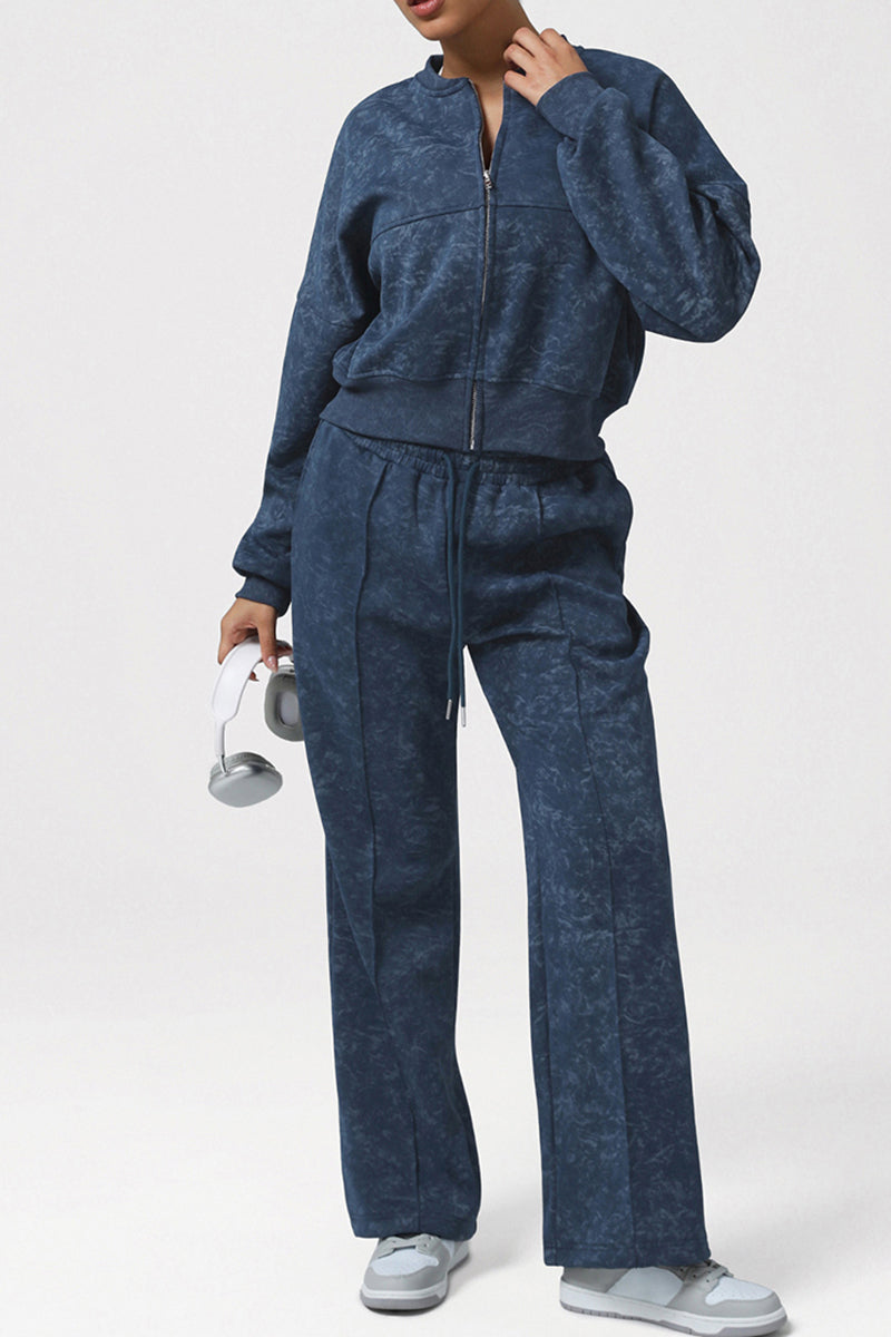 Women Retro Print Sport Set: Stand Collar Zip Jacket + High-Waist Drawstring Pants