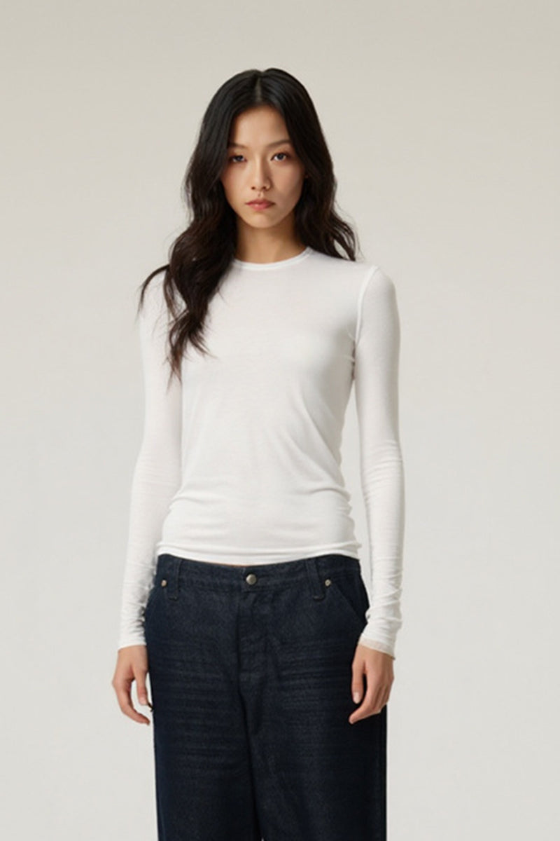 Women Slim Fit Round Neck Long Sleeve T-Shirt - Tencel Wool Blend