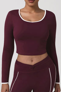 Women Naked-Feel Round-Neck Backless Cropped Yoga Long Sleeve Top