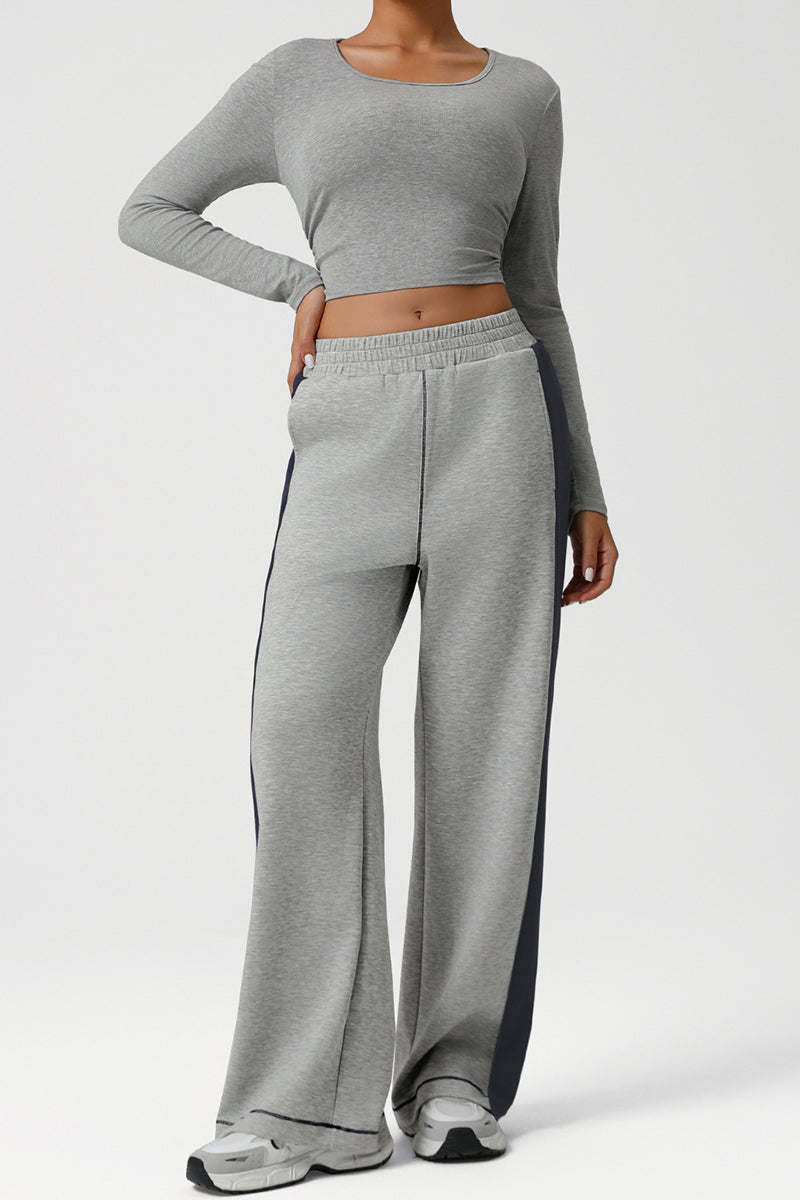 Women Color-Block Ribbed Lounge Set: Cropped Long-Sleeve Top + High-Waist Wide-Leg Pants