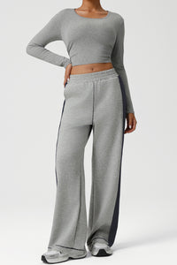 Women Color-Block Ribbed Lounge Set: Cropped Long-Sleeve Top + High-Waist Wide-Leg Pants