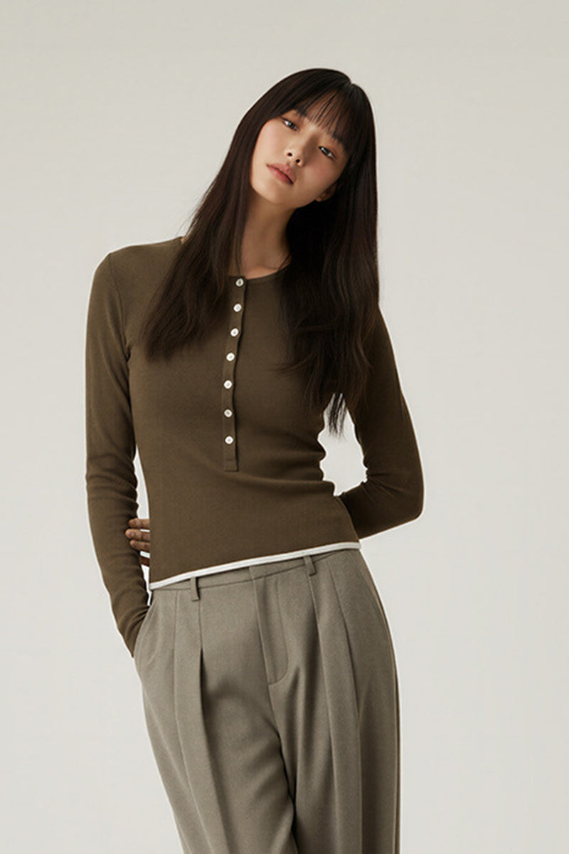 Women Slim Fit Henley Neck Long Sleeve T-Shirt - Tencel? Blend