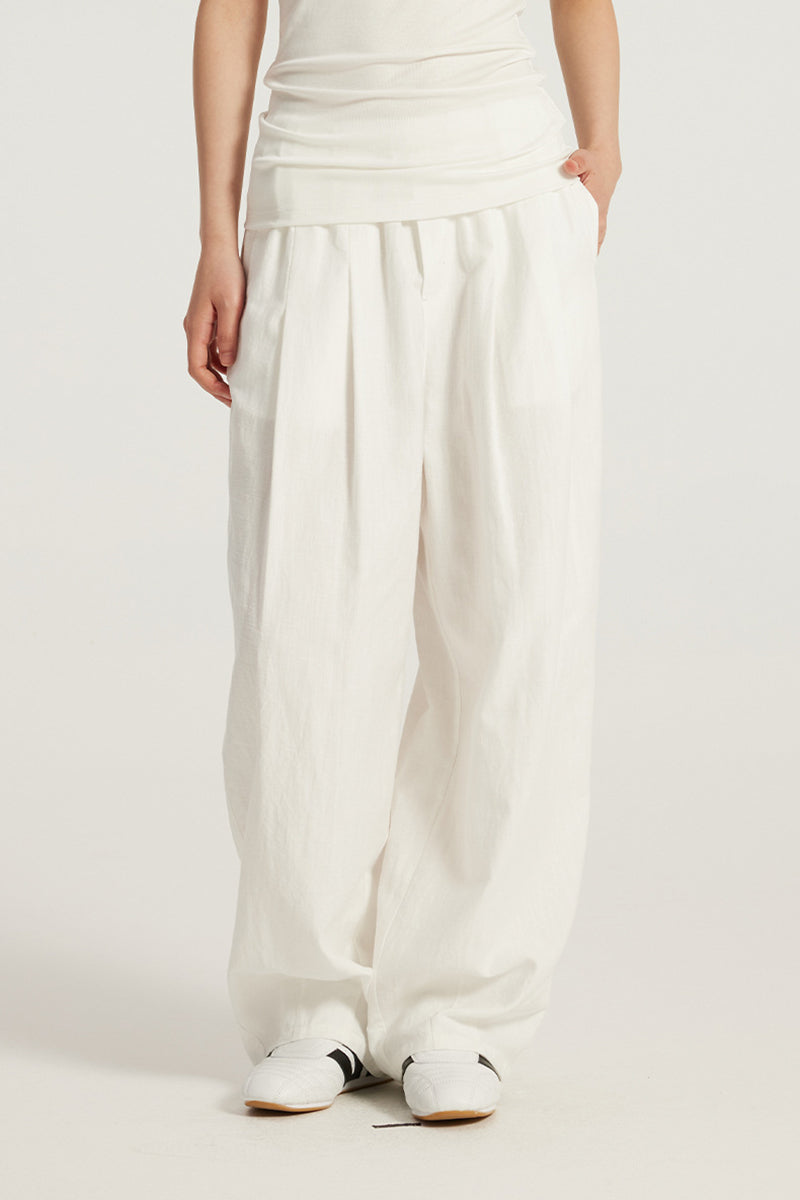 Women Cotton-Blend Relaxed High-Waist Wide-Leg Casual Pants